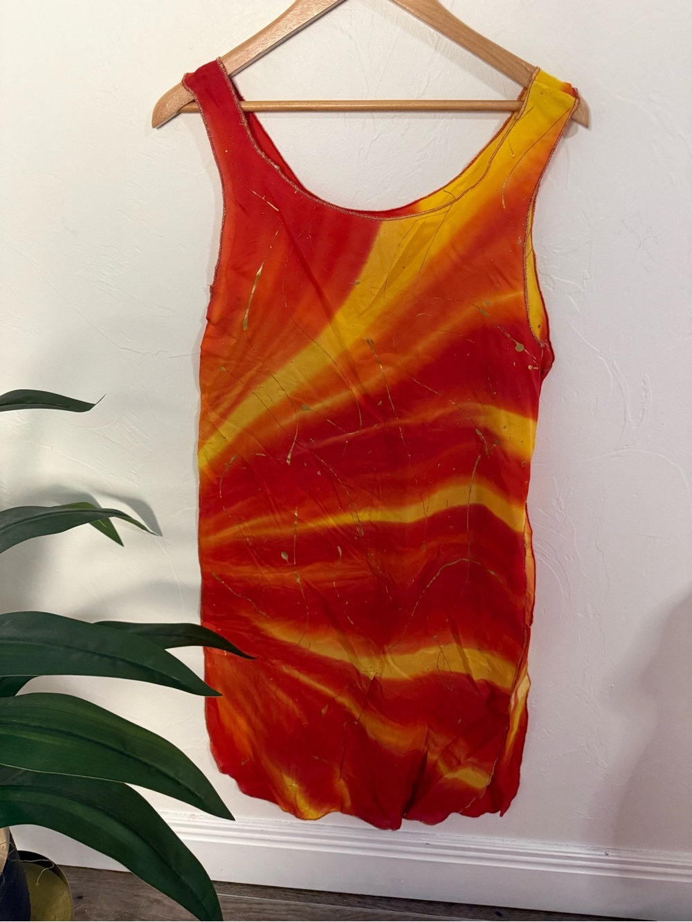 Handmade Red Orange Yellow Tie Dye Dance Costume Overlay Tunic Gold Splatter - Picture 4 of 4